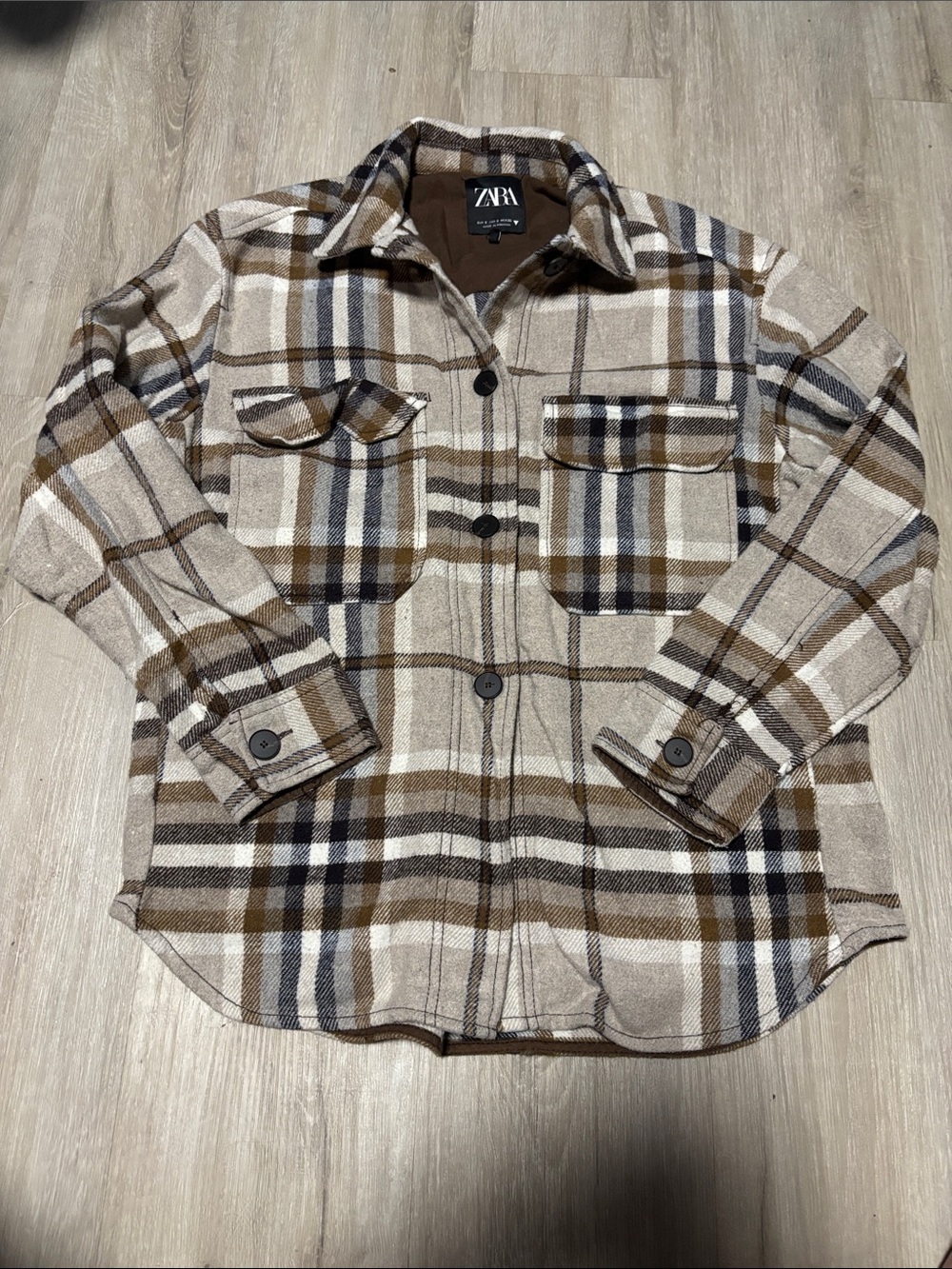 ZARA Tan Beige Plaid Button-Down Overshirt